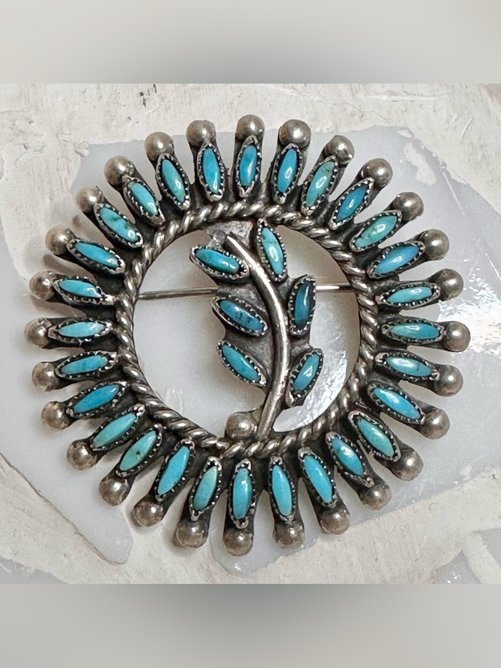 Vintage Zuni Turquoise Needlepoint Cluster Brooch Pin Silver Navajo Southwestern